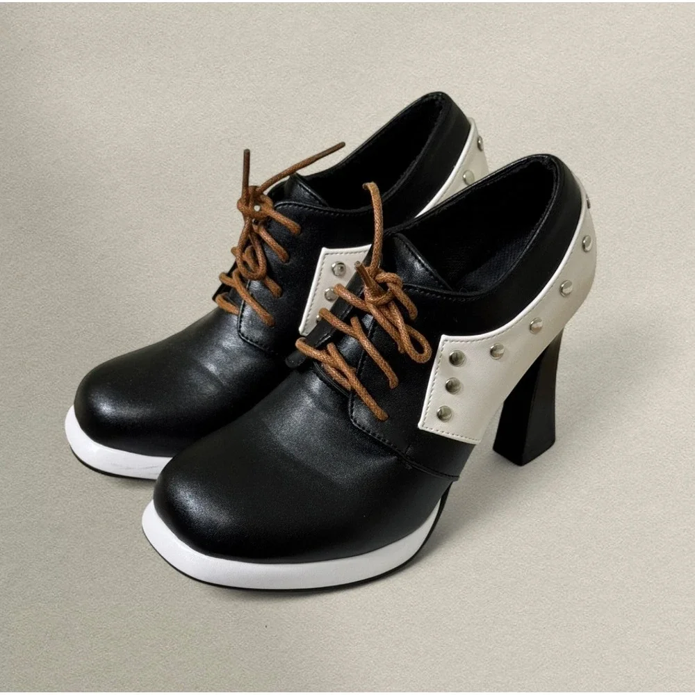 Japanese Style Platform Oxford Heels Stud‎ Detail Lace Up Mod Black White Size 6